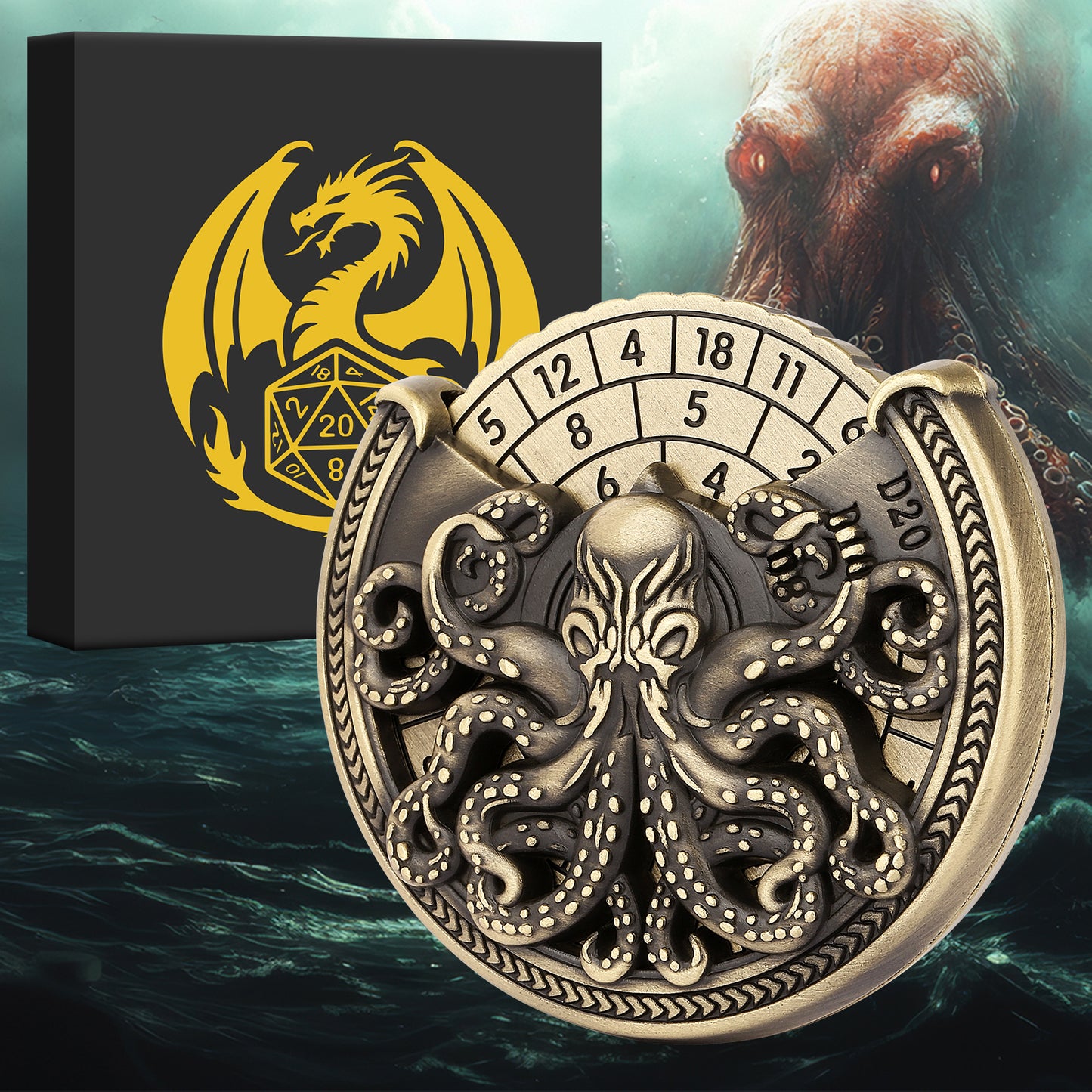 Lorekeeper Deep One — Octopus D20 Turntable | Cthulhu Brass Mechanical Die | D&D 5e