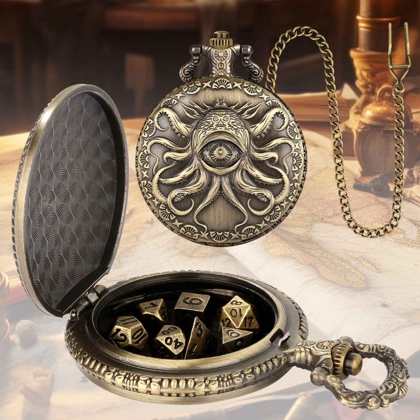 Lorekeeper Octopus Pocket Watch — 7-Piece Polyhedral Dice Set | Steampunk Cyclops Brass Case | D&D 5e