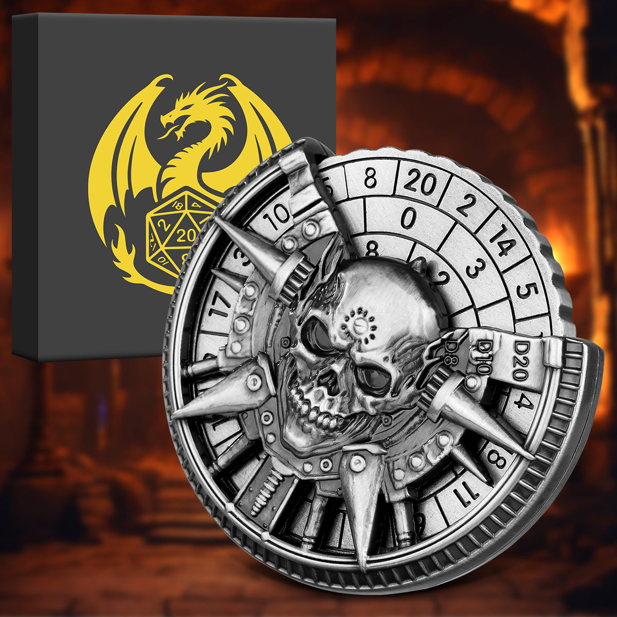 Lorekeeper Skull Wheel — D20 & D10 Gothic Dice Wheel | Mechanical Roller | D&D 5e