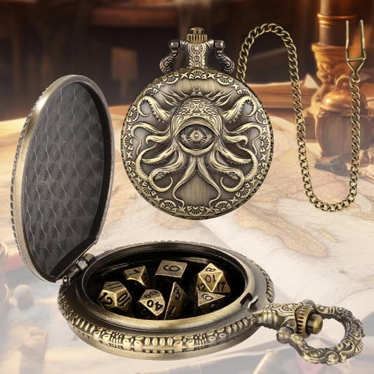 Lorekeeper Octopus Pocket Watch — 7-Piece Polyhedral Dice Set | Steampunk Cyclops Brass Case | D&D 5e