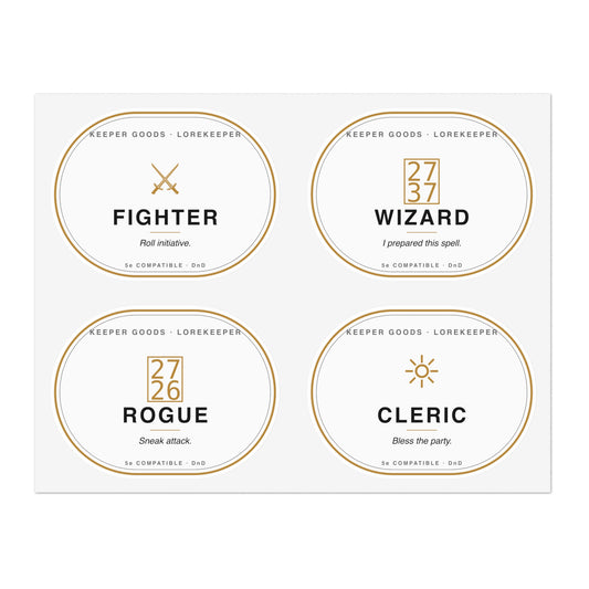 DnD Class Stickers Sticker Sheet | Fighter Wizard Rogue Cleric | 4 Kiss-Cut Vinyl Stickers | 5e Compatible