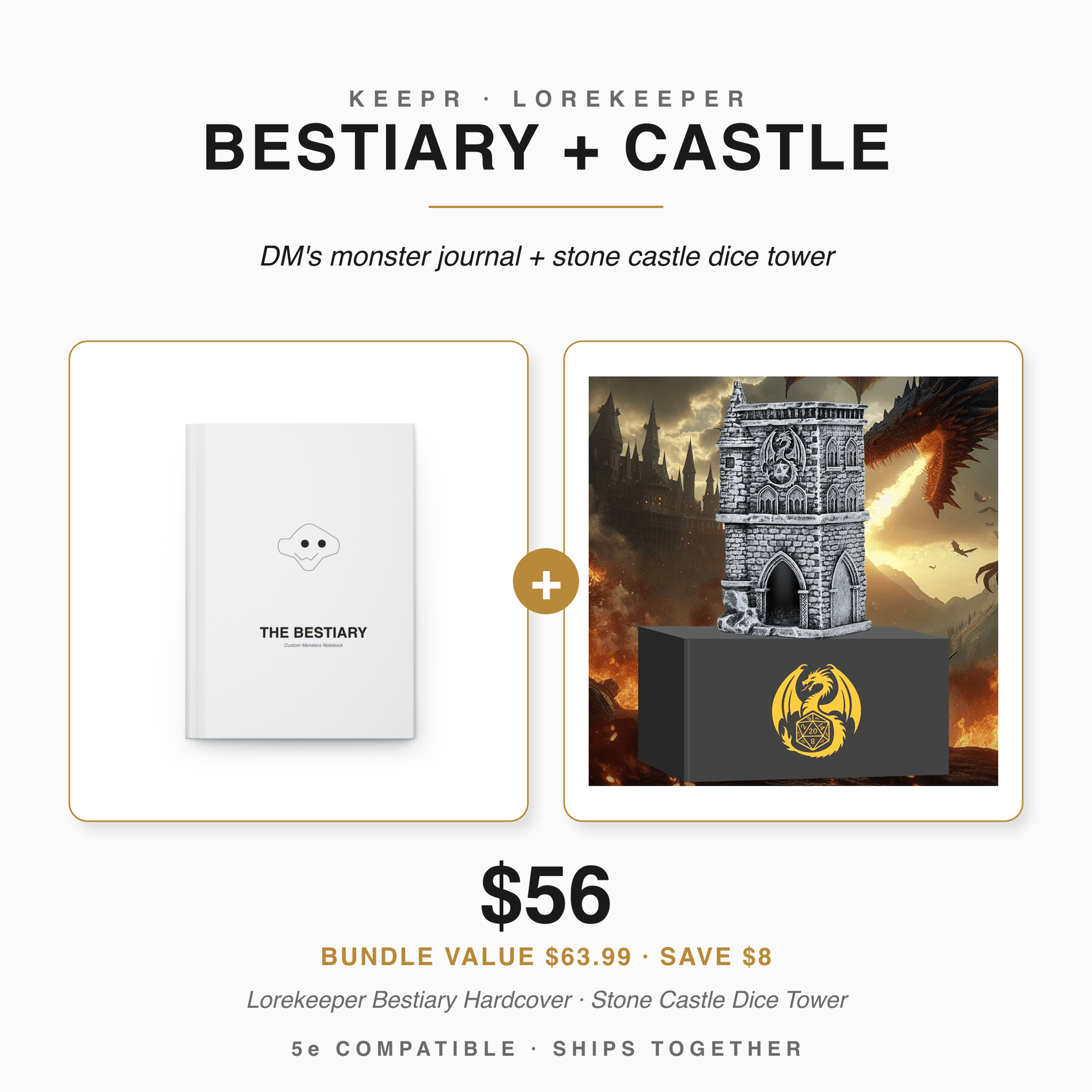 Bestiary + Castle bundle — Lorekeeper Bestiary monster journal and stone castle dice tower