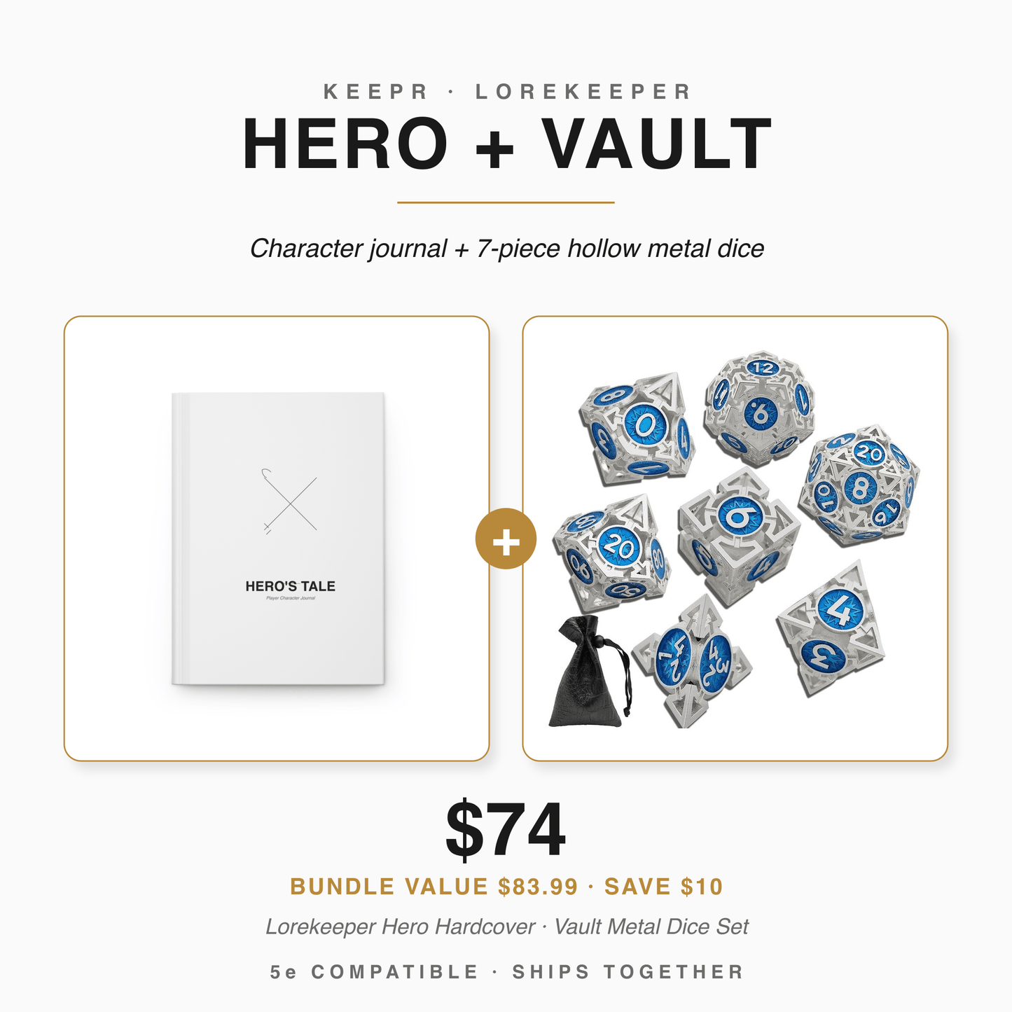 Hero + Vault bundle — Lorekeeper Hero character journal and 7-piece hollow metal dice set