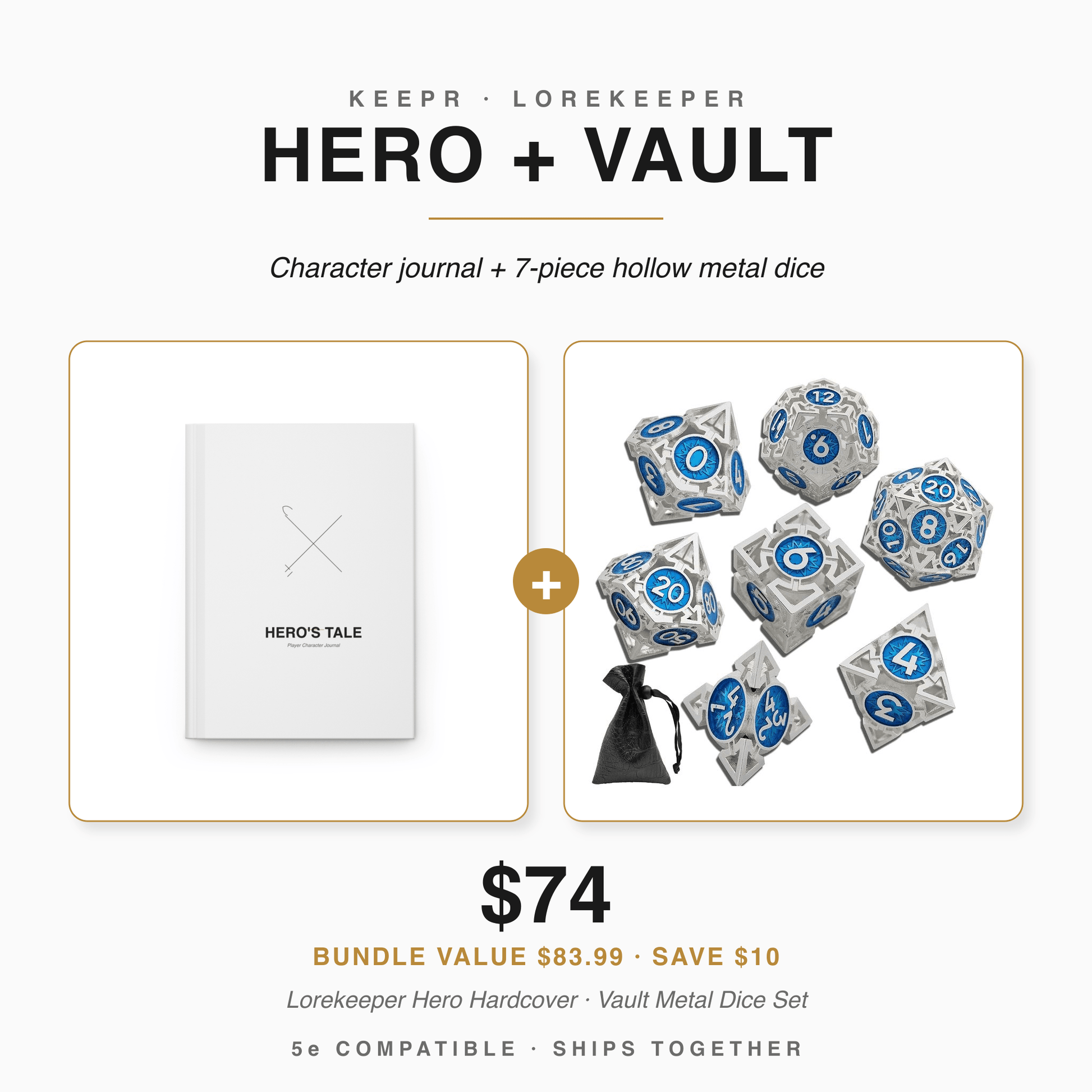 Hero + Vault bundle — Lorekeeper Hero character journal and 7-piece hollow metal dice set