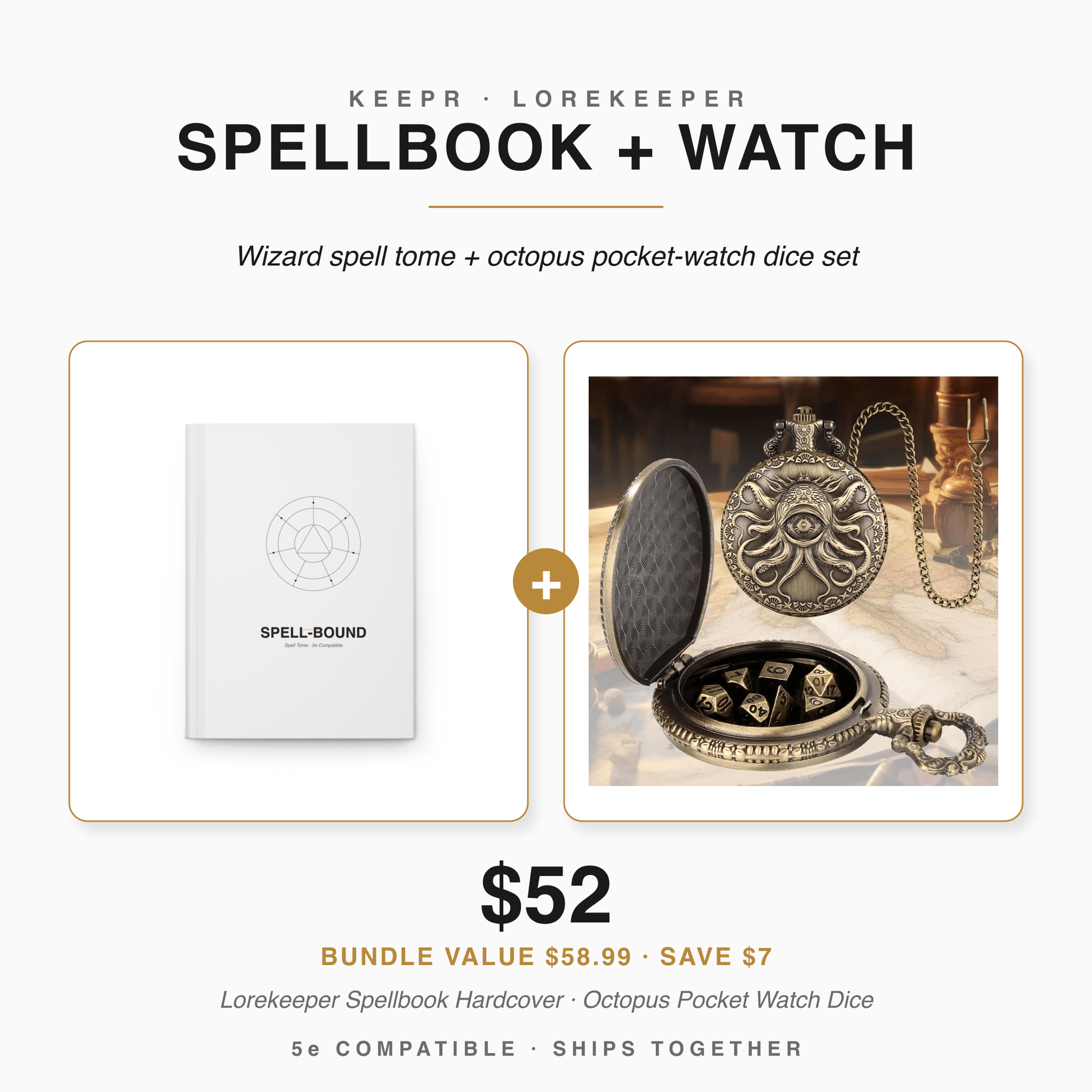 Spellbook + Pocket Watch bundle — Lorekeeper Spellbook spell tome and octopus pocket-watch dice set