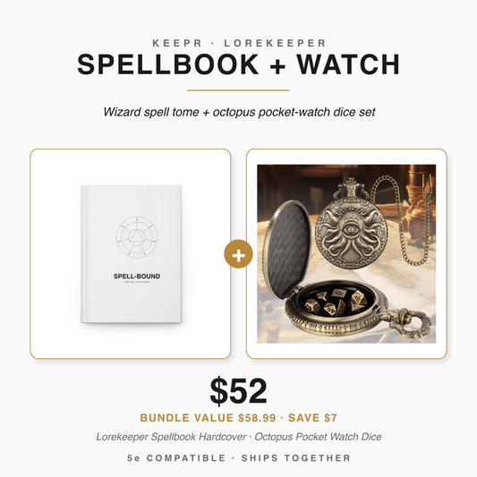 Spellbook + Pocket Watch bundle — Lorekeeper Spellbook spell tome and octopus pocket-watch dice set