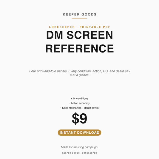 DnD DM Screen Reference Pack Printable PDF — Keeper Goods
